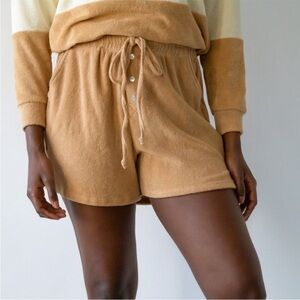 DONNI. Terry Henley Boxer Drawstring “Latte” Tan Brown Shorts Size Small